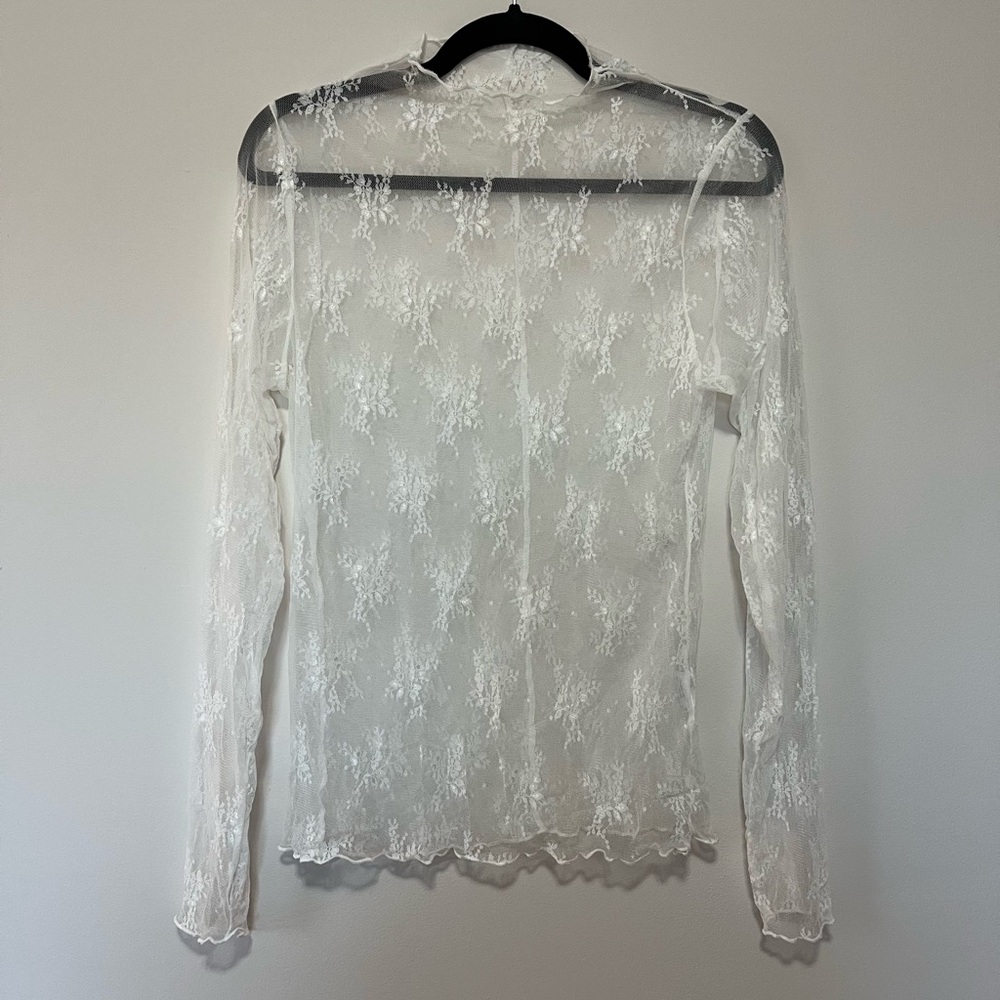 White Lace Long Sleeve Shirt with Scalloped Hem